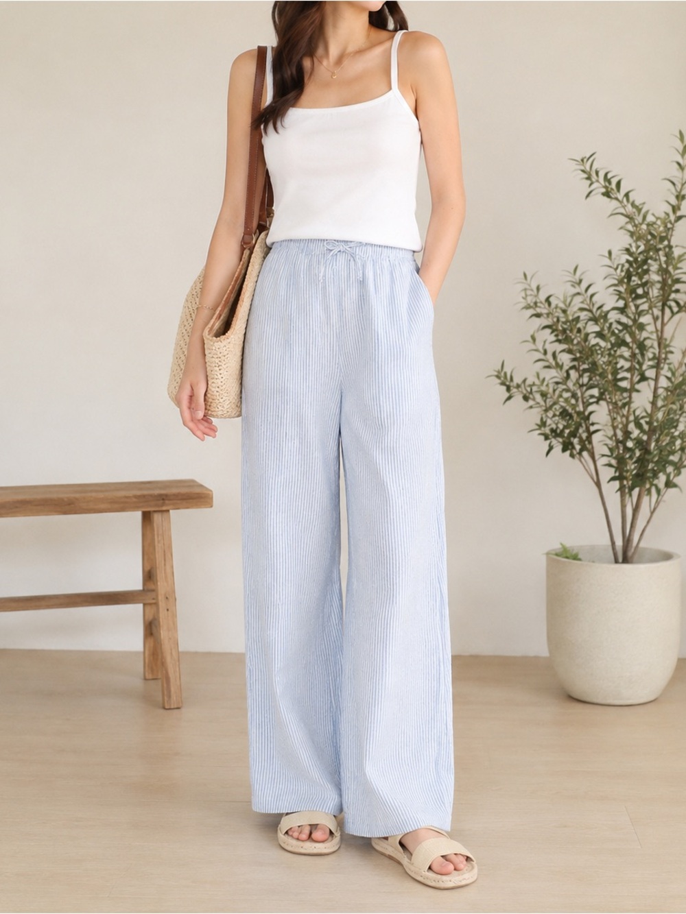 Striped Linen-Blend Wide-Leg Pants